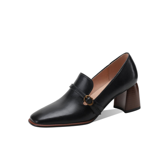 Nine Seven Women's Genuine Leather Square Toe Handmade Buckle Mid Chunky Heels Vintage Pumps Shoes