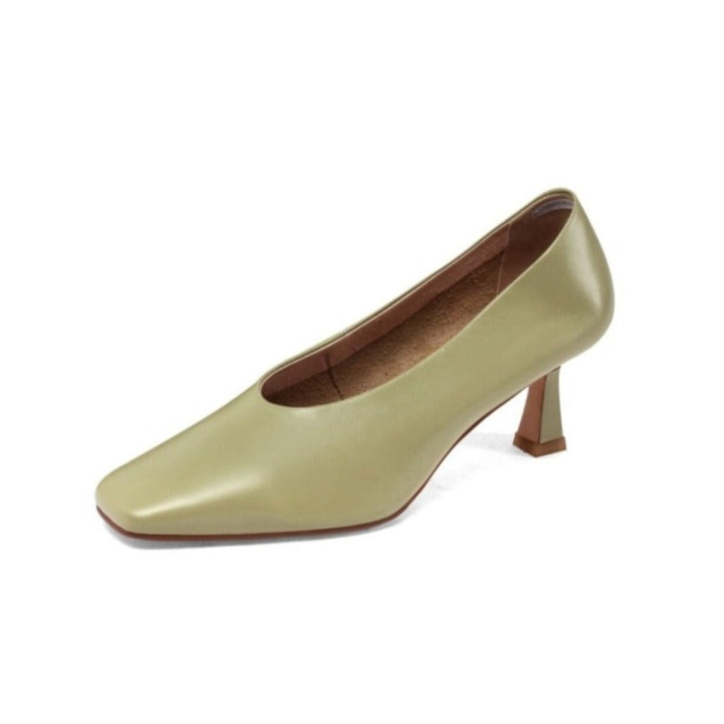 Nine Seven Women's Handmade Genuine Leather Square Toe Stiletto Mid Heels Slip On Stylish Pumps Shoes