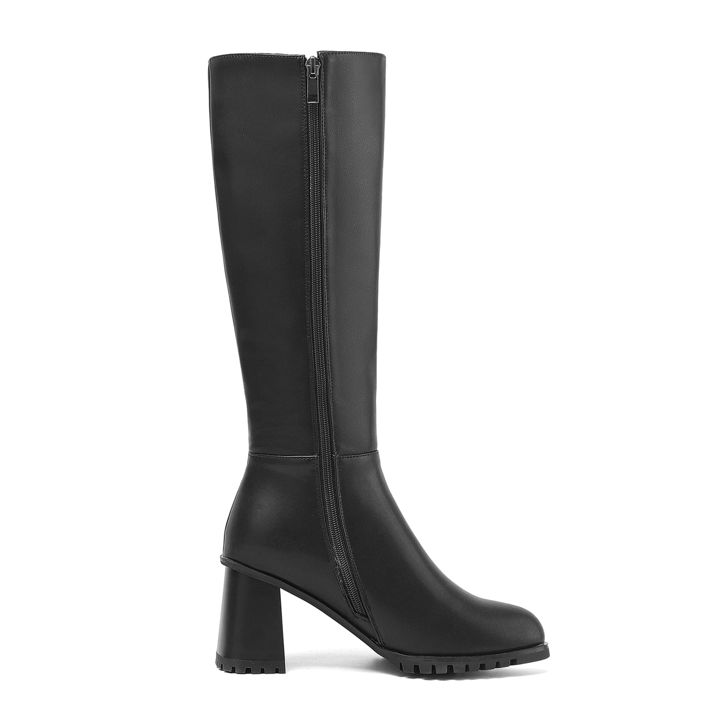 Nine Seven Women's Round Toe Genuine Leather Hnadmade High Chunky Heels Side Zip Up Knee High Boots