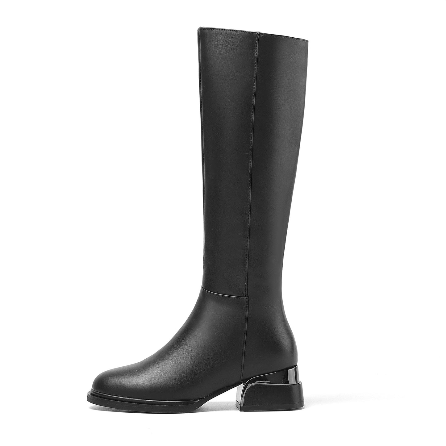 Nine Seven Women's Genuine Leather Round Toe Handmade Side Zipper Low Chunky Heels Classic Knee High Boots