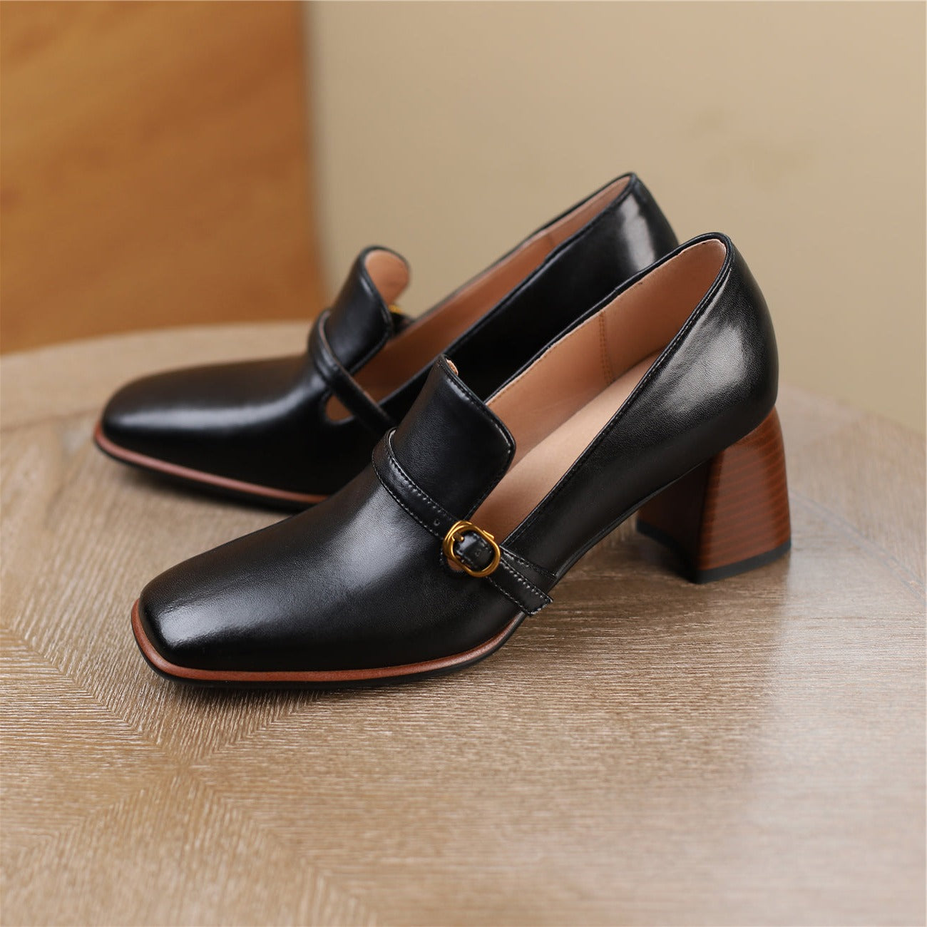 Nine Seven Women's Genuine Leather Square Toe Handmade Buckle Mid Chunky Heels Vintage Pumps Shoes