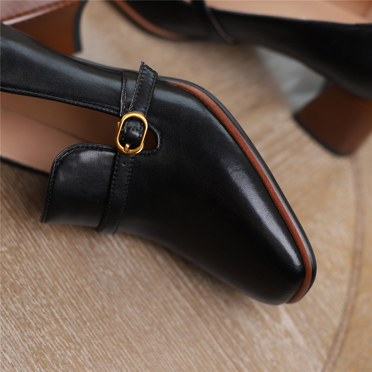 Nine Seven Women's Genuine Leather Square Toe Handmade Buckle Mid Chunky Heels Vintage Pumps Shoes