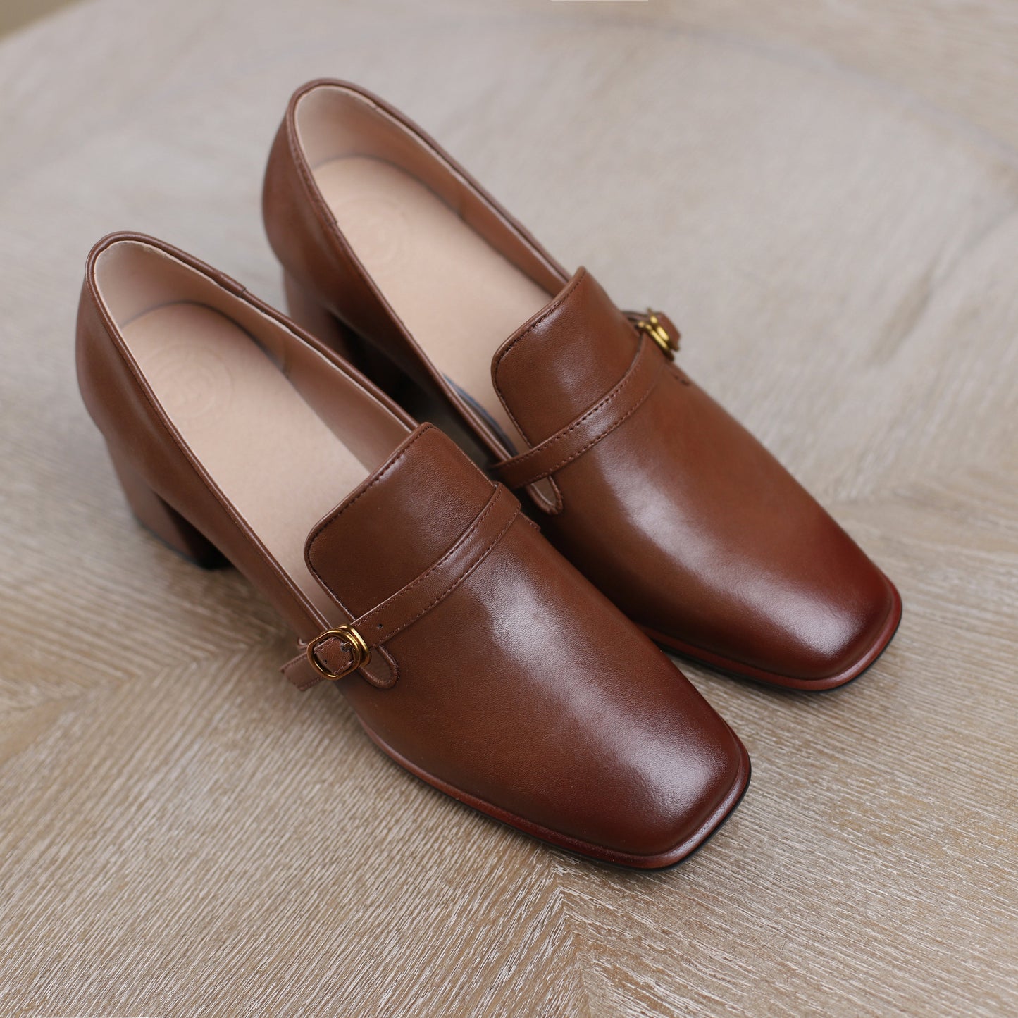 Nine Seven Women's Genuine Leather Square Toe Handmade Buckle Mid Chunky Heels Vintage Pumps Shoes