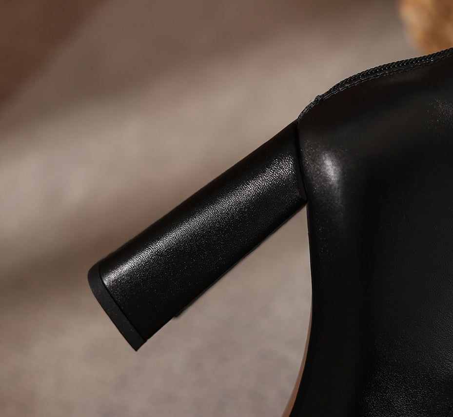 Nine Seven Women's Square Toe Genuine Leather Handmade Chains Deocr High Chunky Heel Boots with Back Zipper