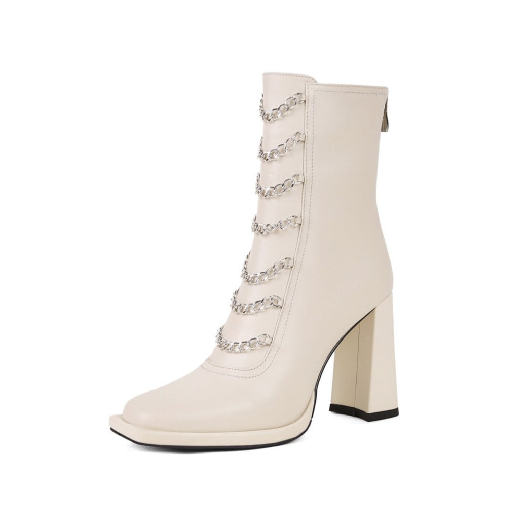 Nine Seven Women's Square Toe Genuine Leather Handmade Chains Deocr High Chunky Heel Boots with Back Zipper