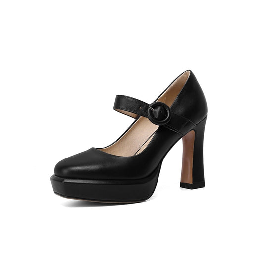 Nine Seven Women's Genuine Leather Square Toe Handmade Platform Buckle Belt High Chunky Heels Stylish Pumps