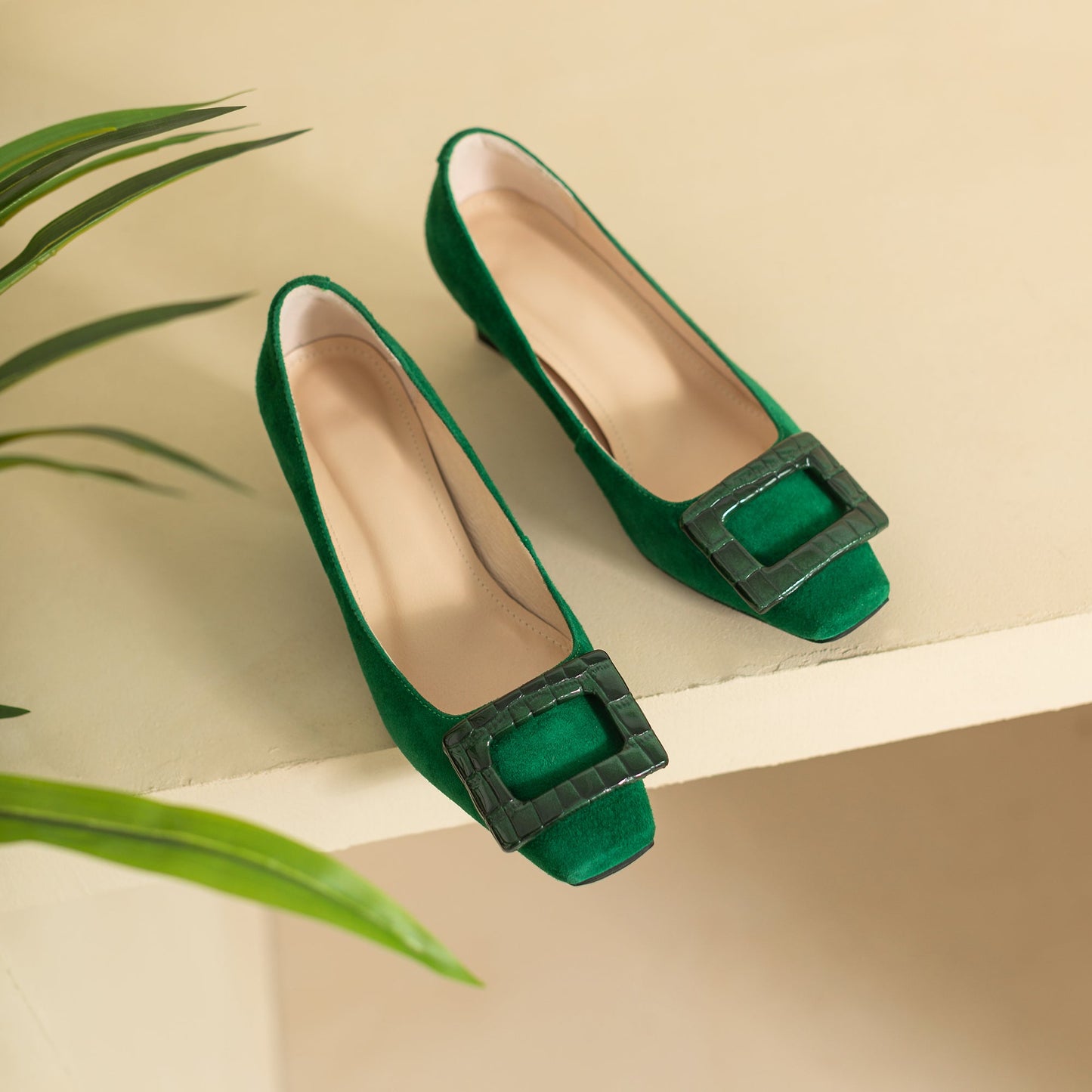 Nine Seven Women's Square Toe Suede Leather Handmade Buckle Low Chunky Heels Chic Pumps Shoes