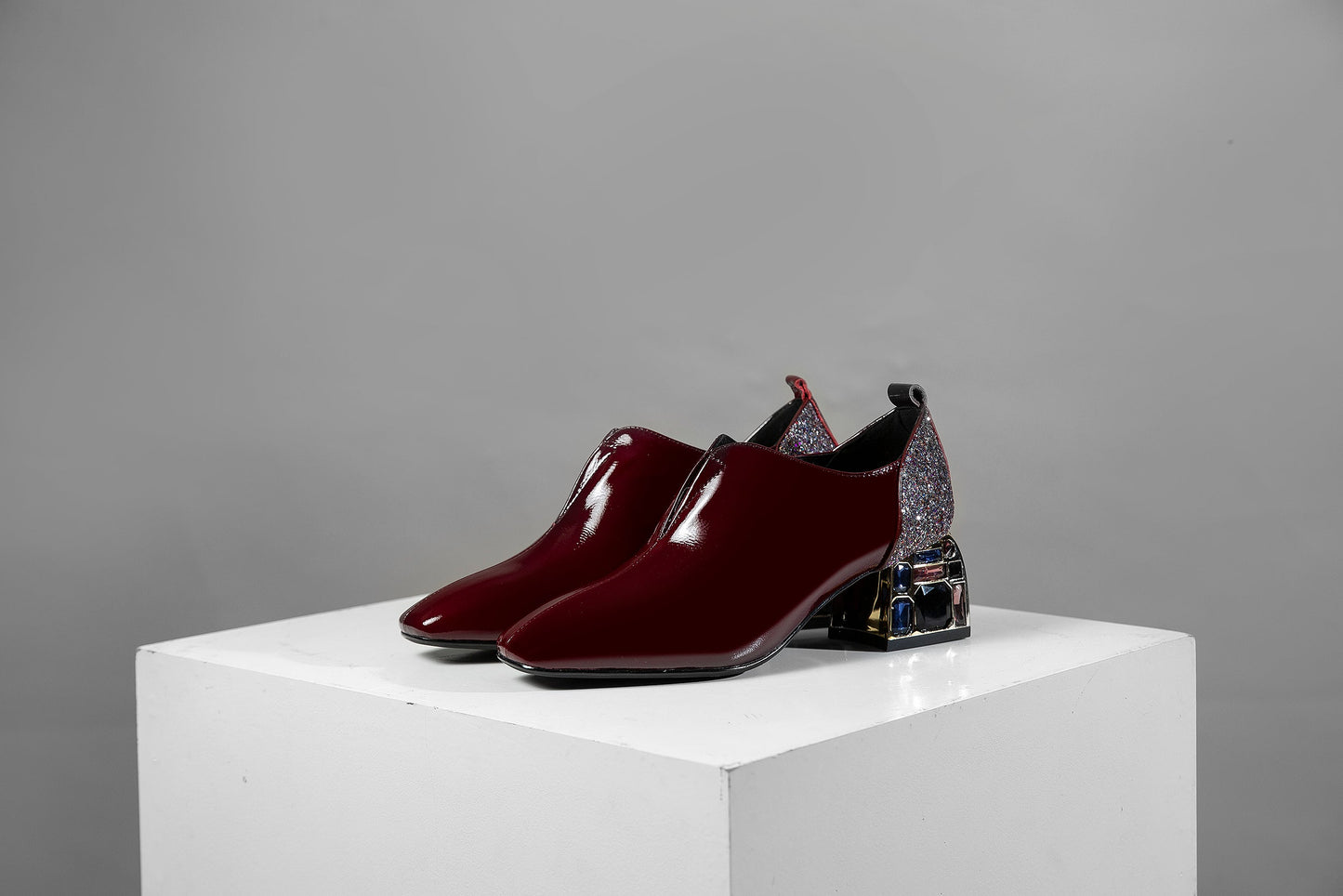 Nine Seven Patent Leather Women's Handmade Classic Square Toe Mid Chunky Heel Slip On Glitter Loafer Pump Shoes with Rhinestone