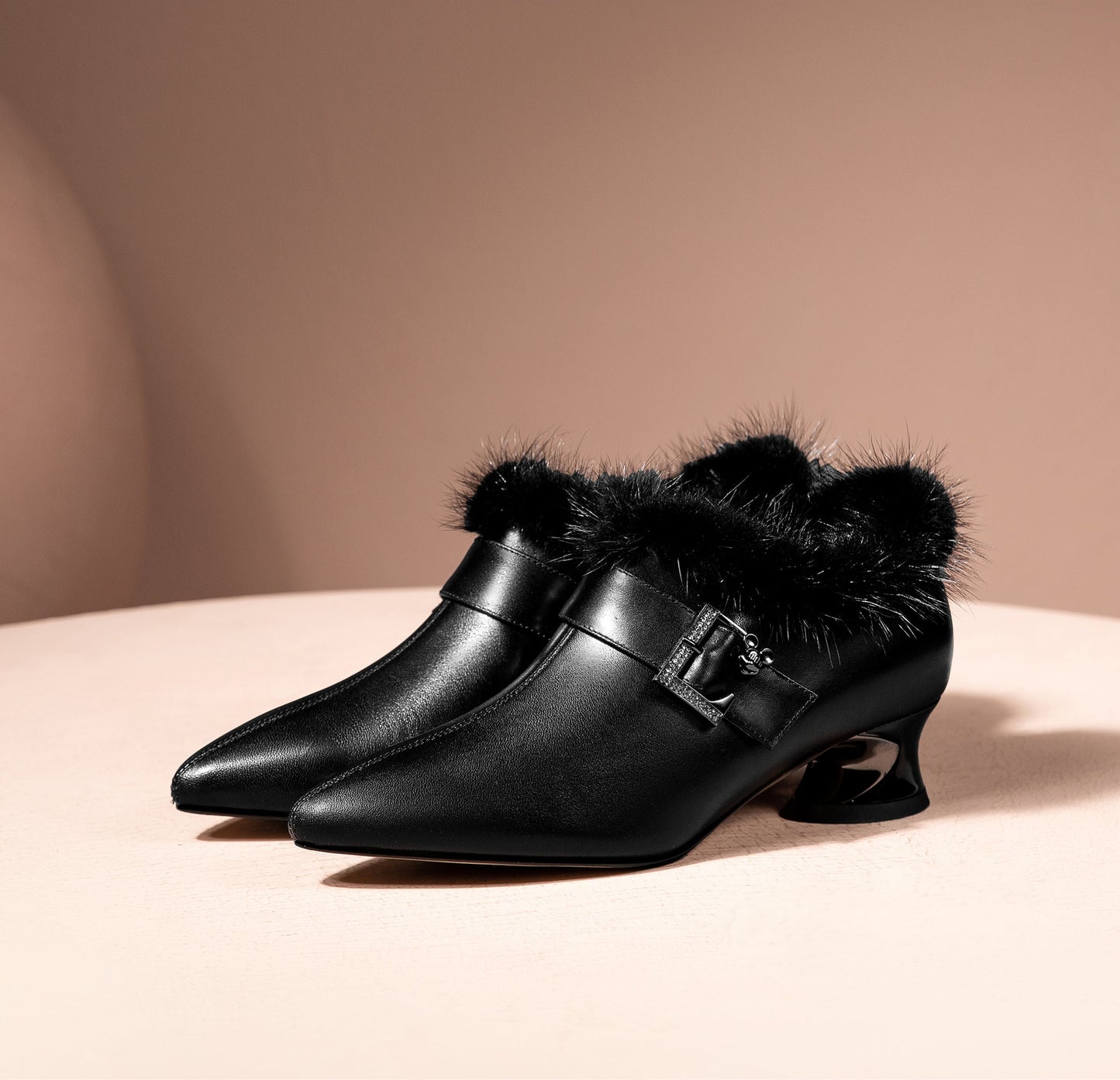 Nine Seven Women's Genuine Leather Handmade Spool Heel Side Zip Up Pointed Toe Chic Buckle Oxford Pumps with Fur Decor