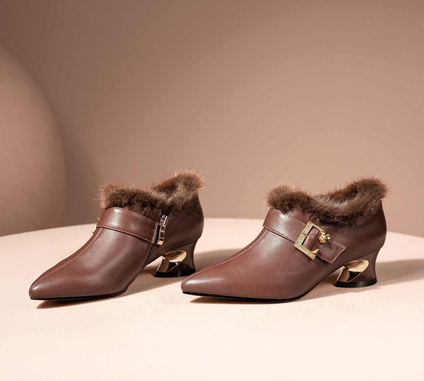 Nine Seven Women's Genuine Leather Handmade Spool Heel Side Zip Up Pointed Toe Chic Buckle Oxford Pumps with Fur Decor