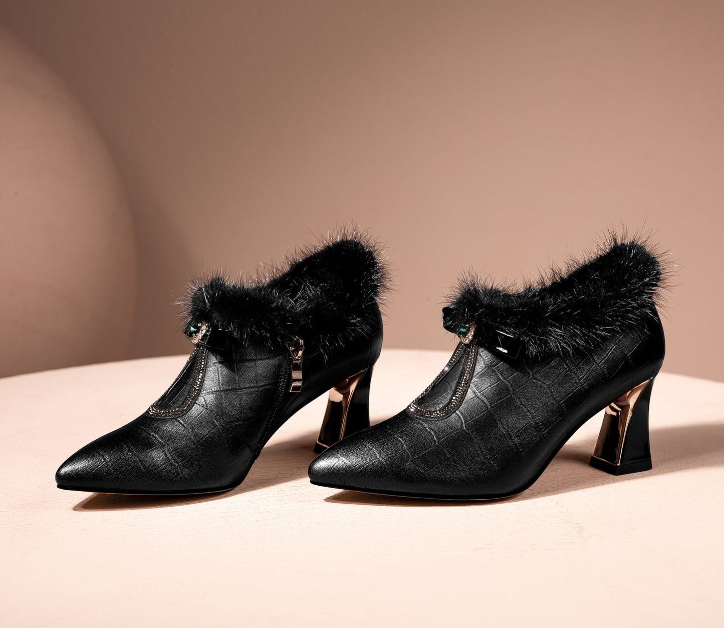 Nine Seven Genuine Leather Women's Handmade Elegant Mid Heel Side Zip Up Fur Decor Oxford Pumps with Boetie