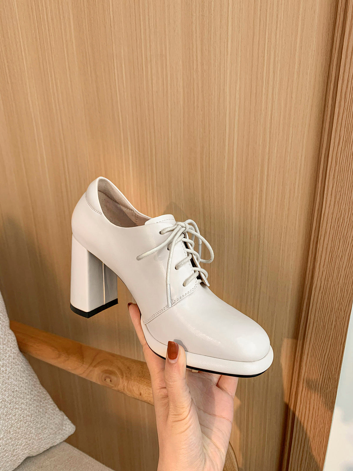 Nine Seven Women's Genuine Leather Square Toe Handmade Lace-Up High Chunky Heels Chic Oxford Shoes with Platform