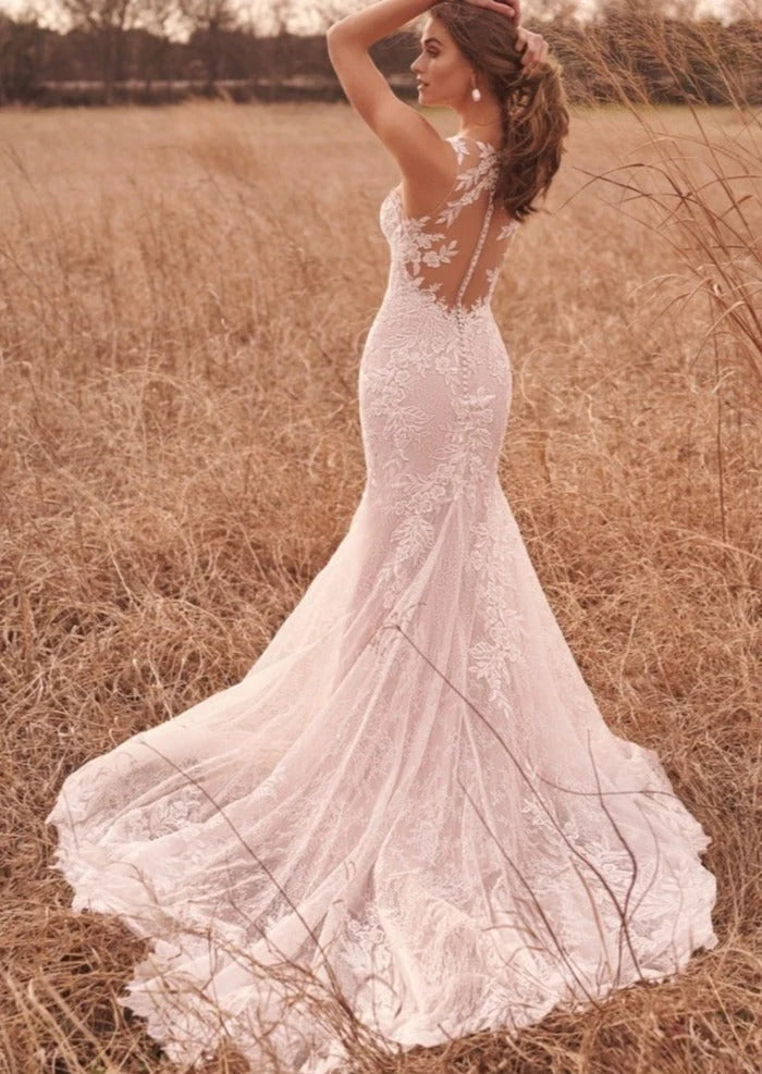 Nine Seven Jewel Neck Square Neck Lace Appliques Sheath Bohemian Wedding Dress Customization