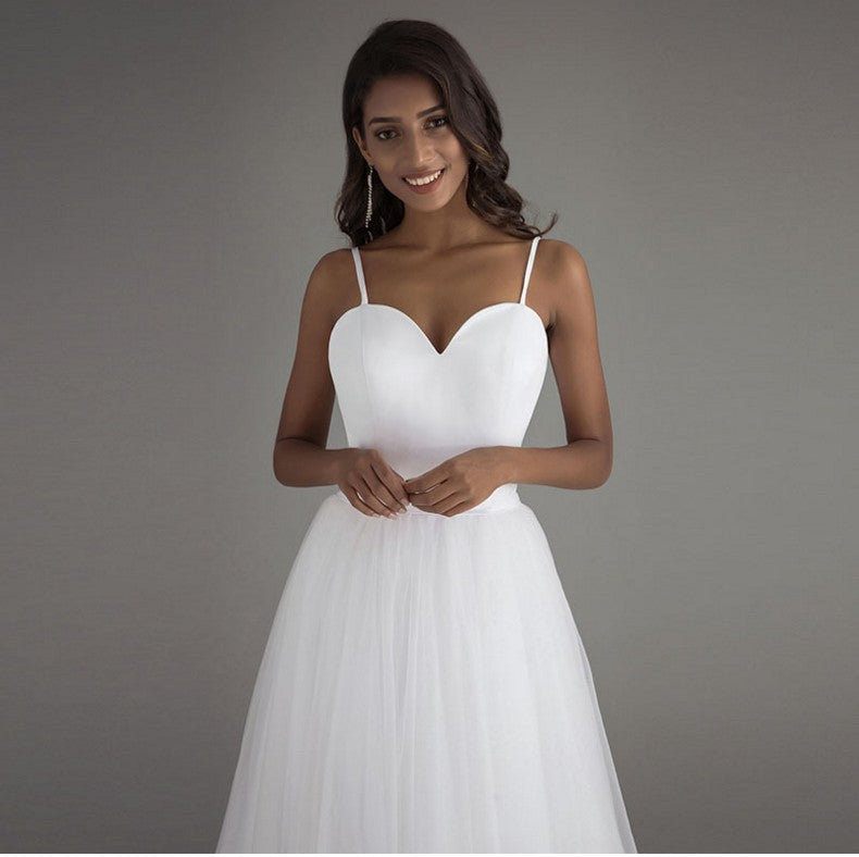 Nine Seven Spaghetti Strap Zip Up Sleeveless Bridal A-Line Minimalist Style White Wedding Dress