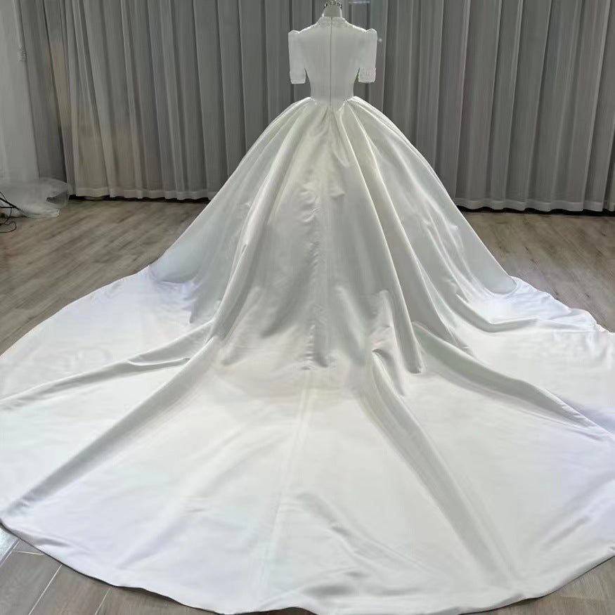 Nine Seven Appliques Plunging V-Neck Half Sleeves Ball Grown Satin Court Wedding Dress