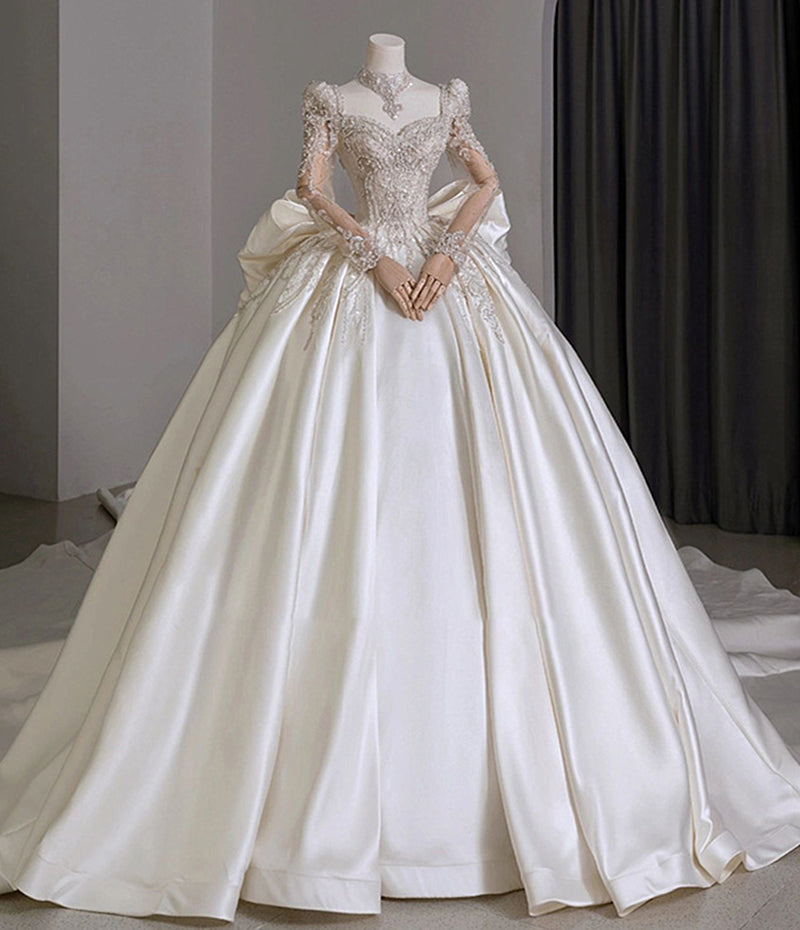 Nine Seven Square Neck Pearls Sequines Decor Long Sleeve Back Heart Ball Grown Court Wedding Dress