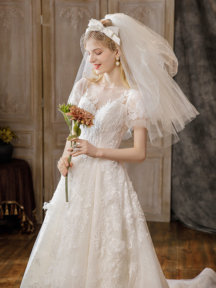 Nine Seven Pearl Appliques Sequins Short Sleeve Chapel Train A-Line Wedding Dress