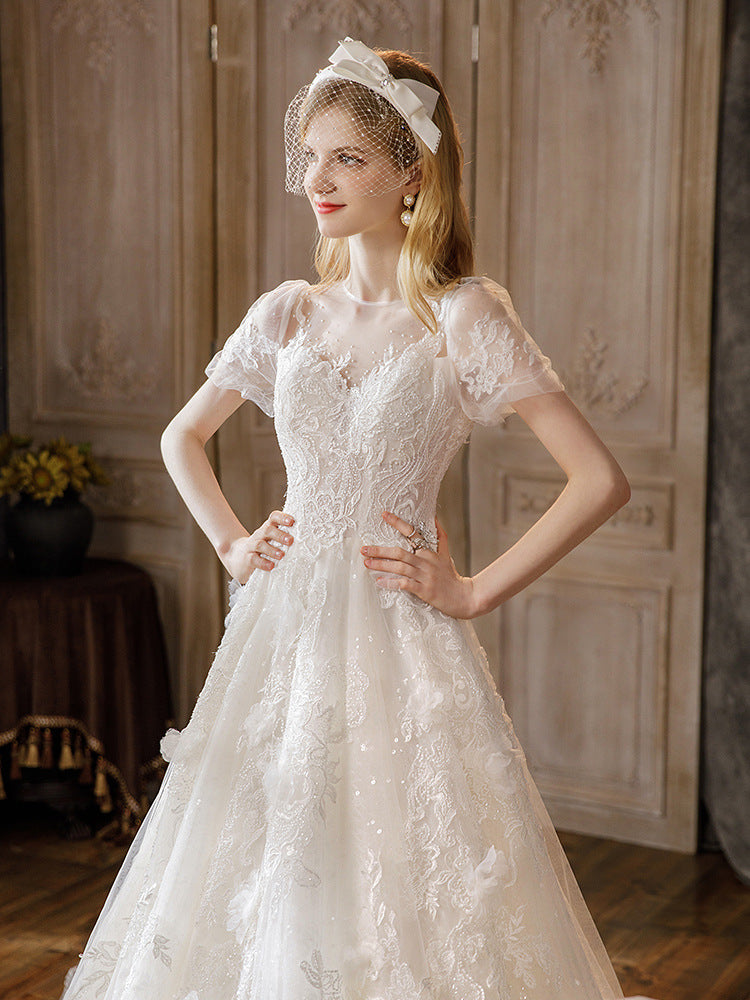 Nine Seven Pearl Appliques Sequins Short Sleeve Chapel Train A-Line Wedding Dress