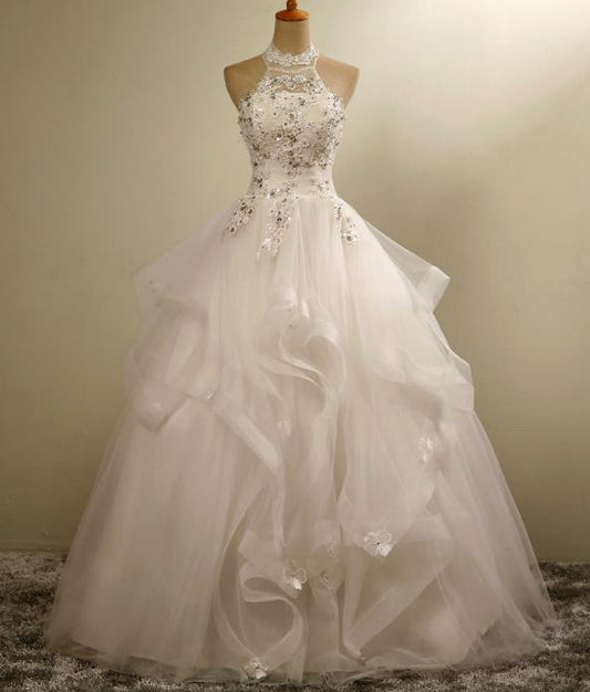 Nine Seven Crystal Pearl Appliques Halter Lace Up Flower Princess Wedding Dress