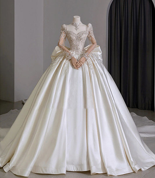 Nine Seven Square Neck Pearls Sequines Decor Long Sleeve Back Heart Ball Grown Court Wedding Dress