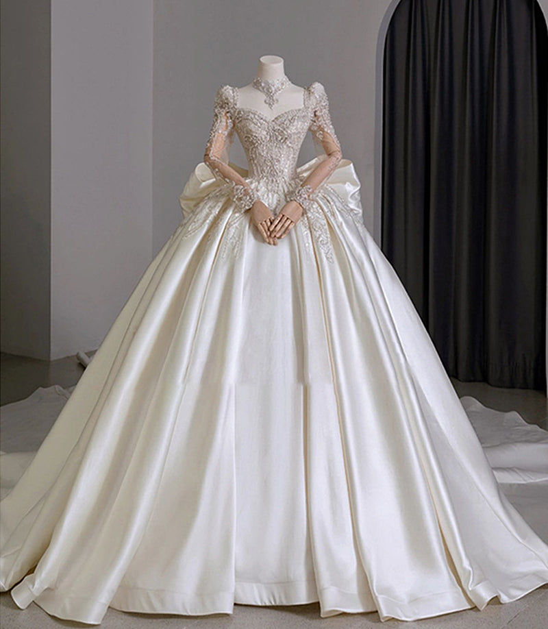 Nine Seven Square Neck Pearls Sequines Decor Long Sleeve Back Heart Ball Grown Court Wedding Dress