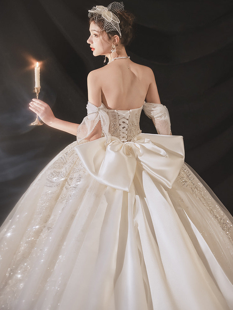 Nine Seven Pearls Sequins Off Shoulder Sleeveless Bowknot Decor Court princess Ball Grown Wedding Dress