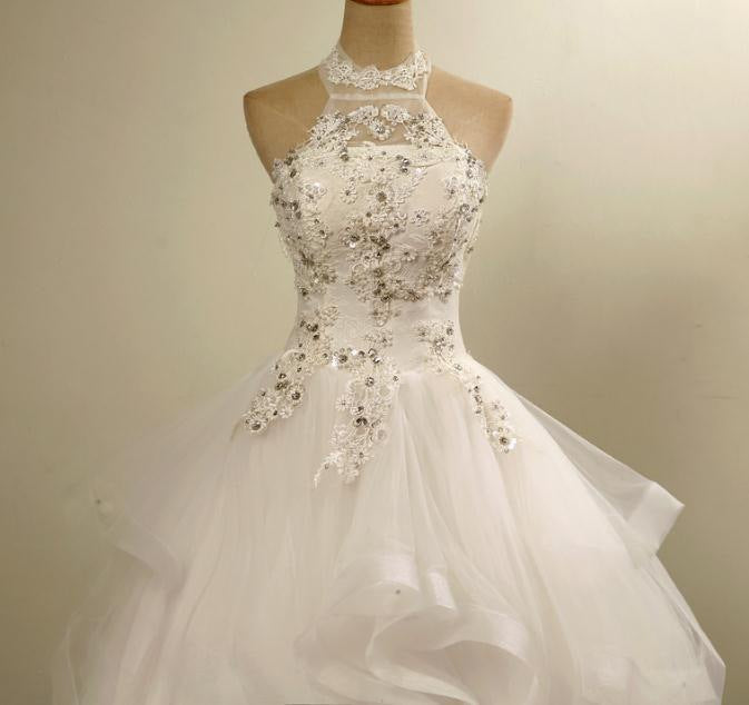 Nine Seven Crystal Pearl Appliques Halter Lace Up Flower Princess Wedding Dress
