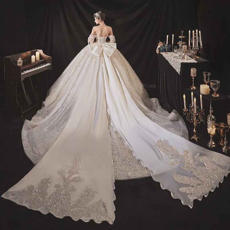 Nine Seven Pearls Sequins Off Shoulder Sleeveless Bowknot Decor Court princess Ball Grown Wedding Dress