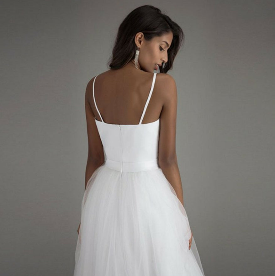 Nine Seven Spaghetti Strap Zip Up Sleeveless Bridal A-Line Minimalist Style White Wedding Dress