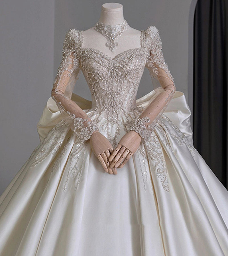 Nine Seven Square Neck Pearls Sequines Decor Long Sleeve Back Heart Ball Grown Court Wedding Dress