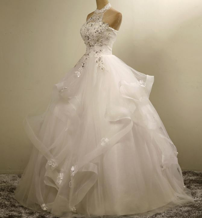 Nine Seven Crystal Pearl Appliques Halter Lace Up Flower Princess Wedding Dress