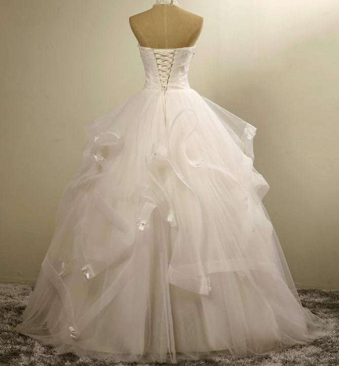 Nine Seven Crystal Pearl Appliques Halter Lace Up Flower Princess Wedding Dress