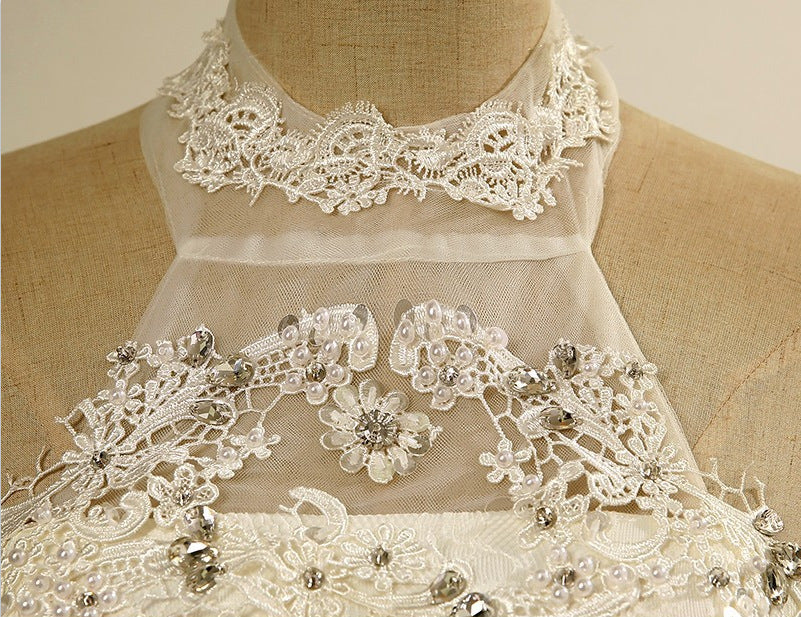 Nine Seven Crystal Pearl Appliques Halter Lace Up Flower Princess Wedding Dress