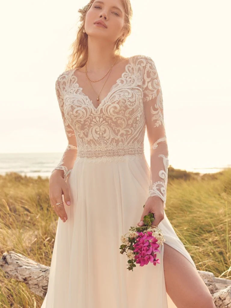 Nine Seven V-Neck Lace Appliques Long Sleeves Thigh-High Slit A-Line Wedding Dress Customization