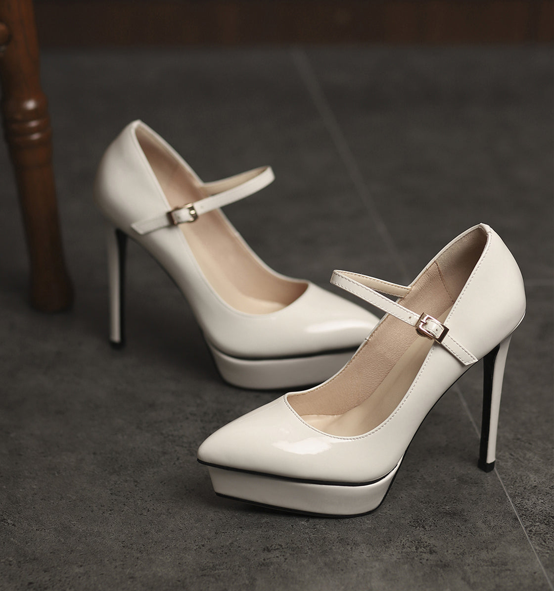 Nine Seven Women's Patent Leather Pointed Toe Handmade Platform Stiletto Heels Trendy Pumps Shoes with Buckle Belt