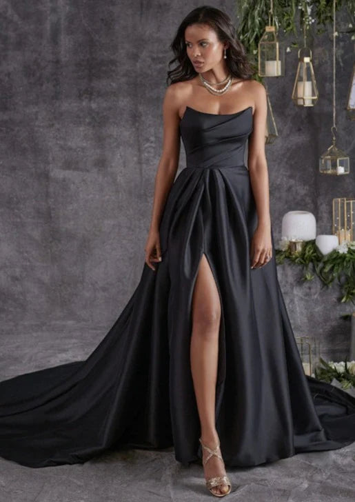 Nine Seven Ruffle Tube Top Strapless A-Line Side Slit Satin Wedding Dress Customization