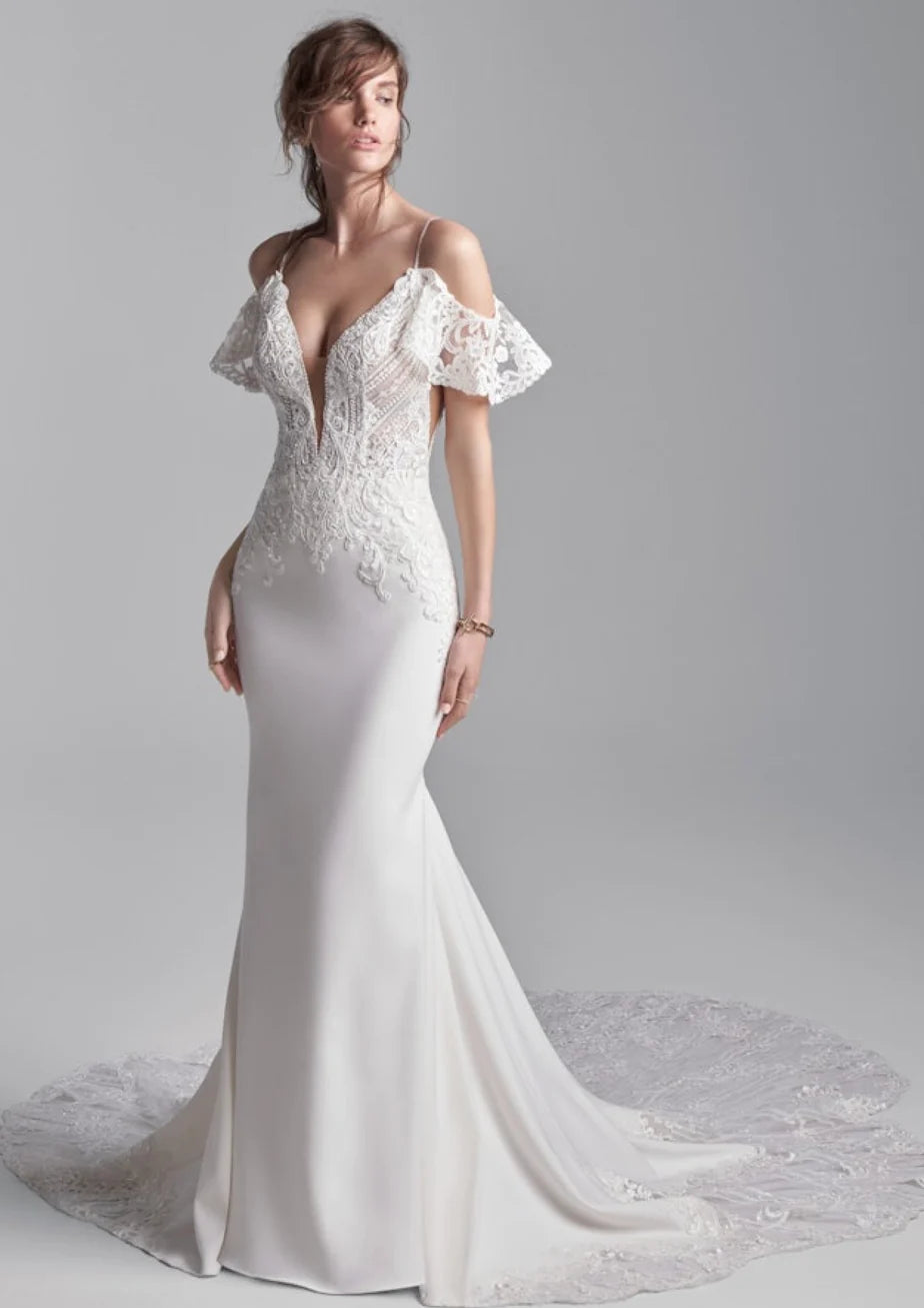 Nine Seven Pluging V-Neck Appliques Spaghetti Strap Detachable Off Shoulder Deep V Back Petal-Shaped Train Wedding Dress Customization