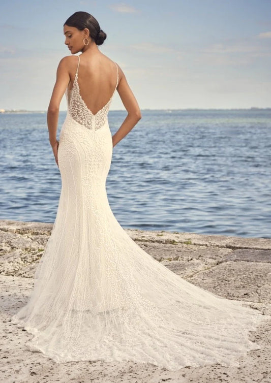 Nine Seven Spaghetti Straps Deep V-Neckline Lace Appliques Deep V-Back Wedding Dress Customization
