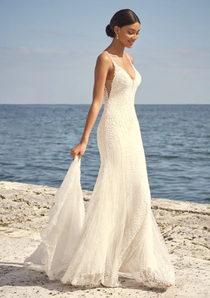 Nine Seven Spaghetti Straps Deep V-Neckline Lace Appliques Deep V-Back Wedding Dress Customization