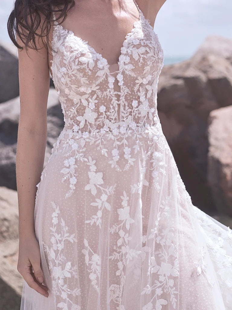 Nine Seven Spaghetti Straps V-Neckline Lace Appliques Backless A-Line Bridal Wedding Dress Customization