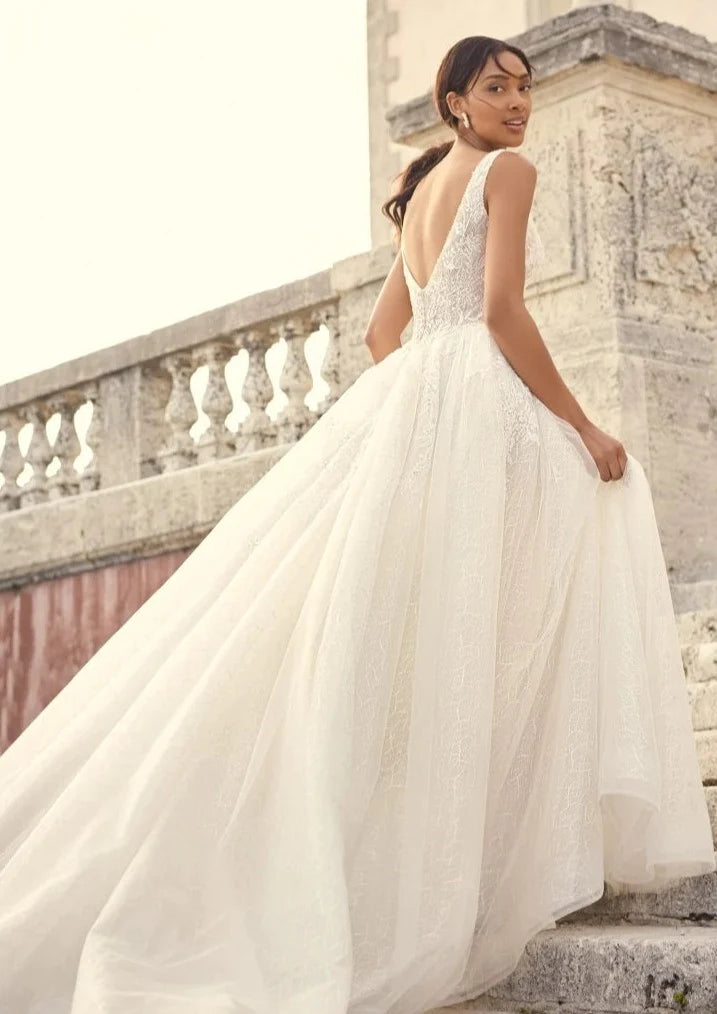 Nine Seven Straps Deep V-Neckline Sparkly Sequin Lace Scoop Back  A-Line Wedding Dress Customization