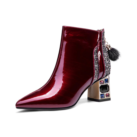 Nine Seven Women's Patent Leather Handmade Crystal Mid Chunky Heel Back Zipper Pointed Toe Plus-Size Ankle Boots With Glitter and Fur Pendant