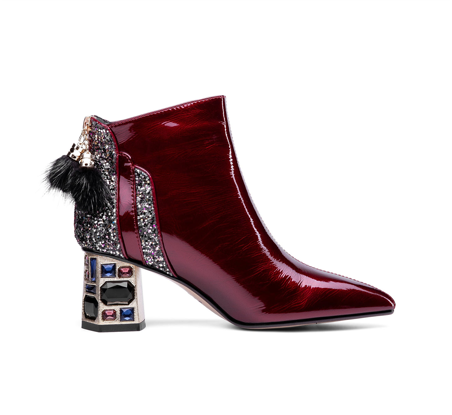 Nine Seven Women's Patent Leather Handmade Crystal Mid Chunky Heel Back Zipper Pointed Toe Plus-Size Ankle Boots With Glitter and Fur Pendant