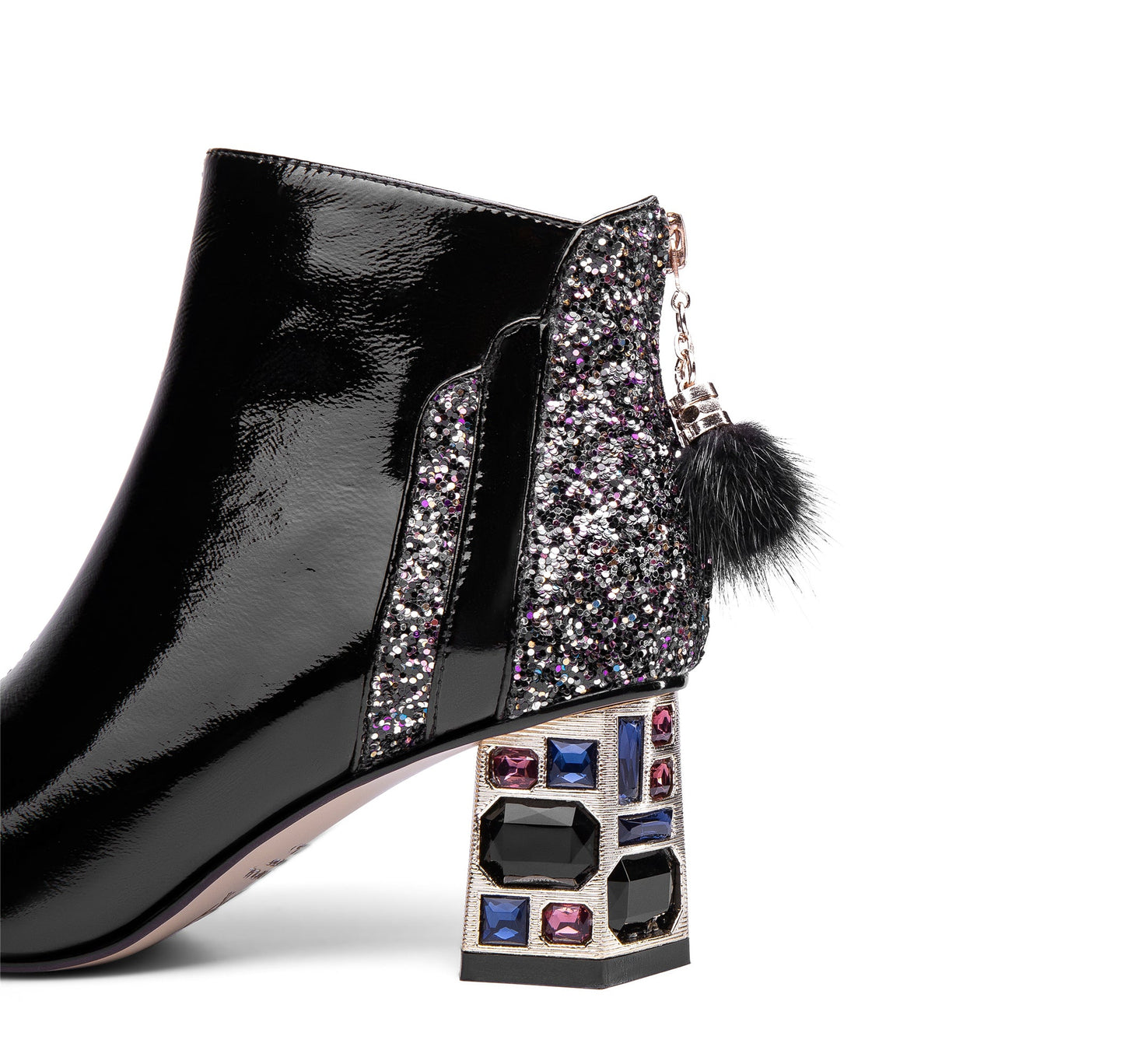 Nine Seven Women's Patent Leather Handmade Crystal Mid Chunky Heel Back Zipper Pointed Toe Plus-Size Ankle Boots With Glitter and Fur Pendant