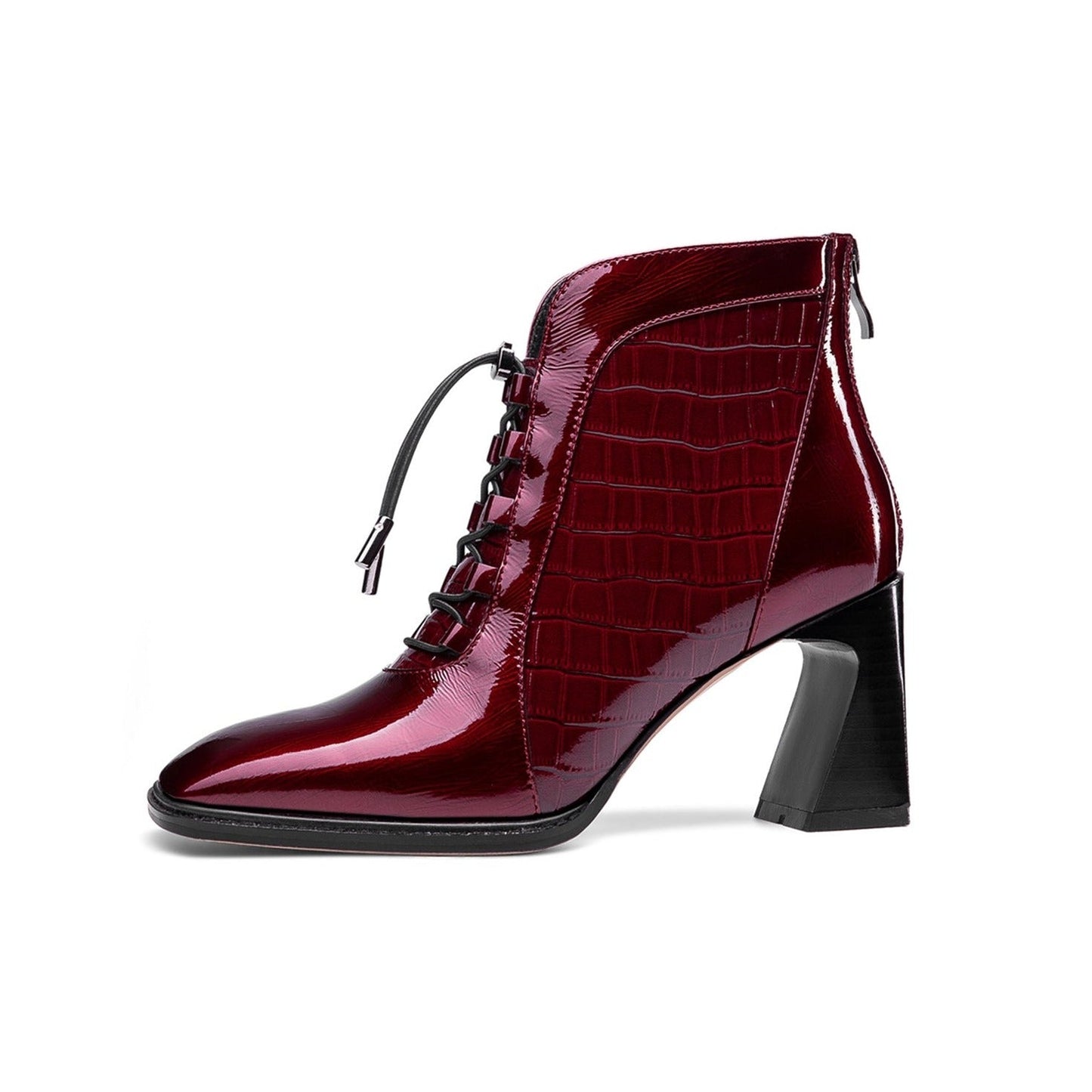 Nine Seven Women's Handmade Patent Leather Classic Square Toe High Spool Heel Back Zip Up Short Dressing Boots with Band