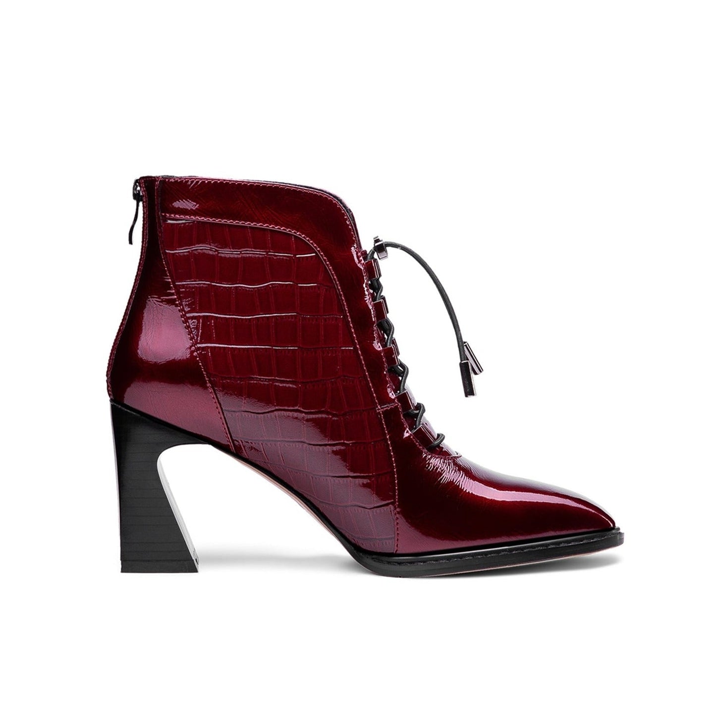 Nine Seven Women's Handmade Patent Leather Classic Square Toe High Spool Heel Back Zip Up Short Dressing Boots with Band