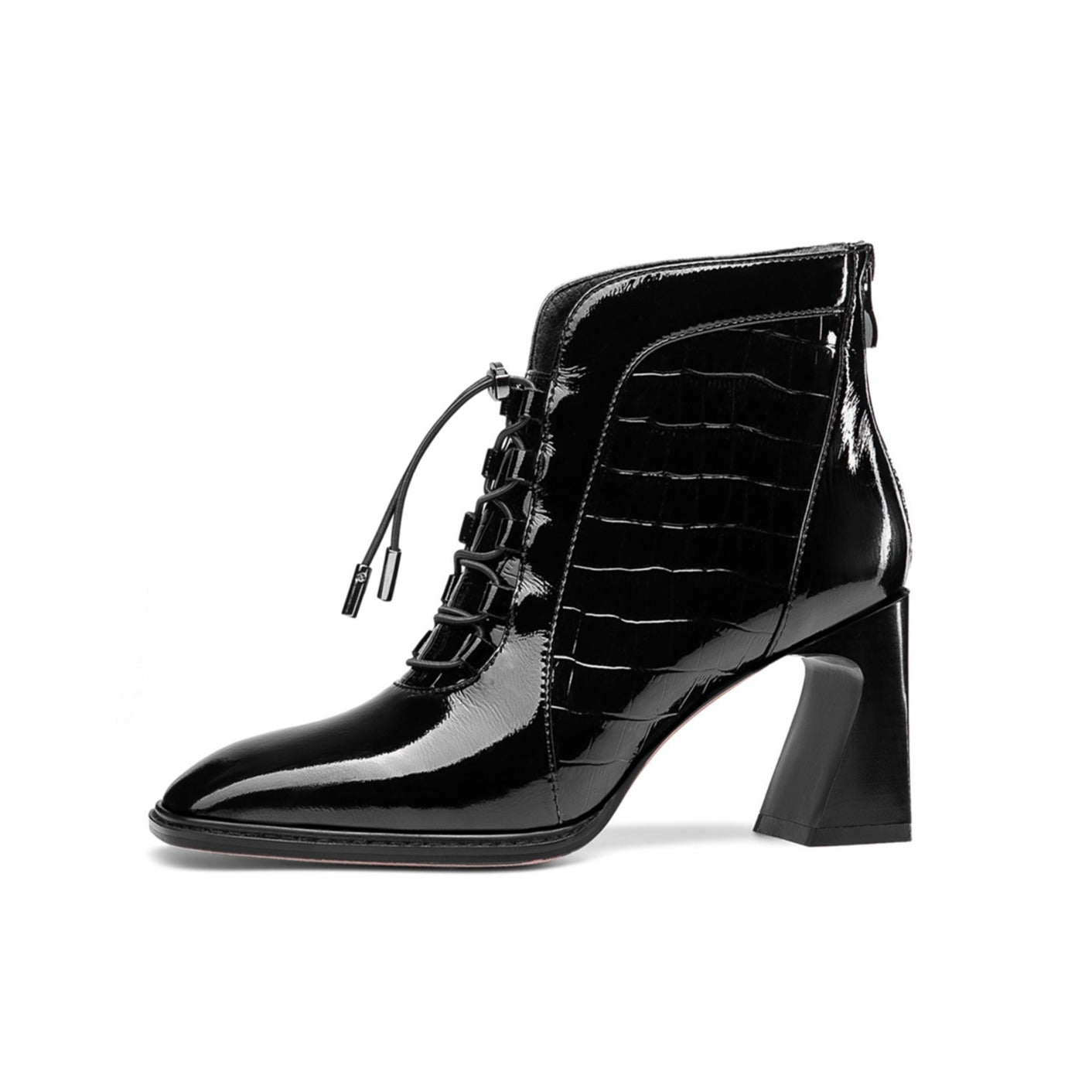 Nine Seven Women's Handmade Patent Leather Classic Square Toe High Spool Heel Back Zip Up Short Dressing Boots with Band