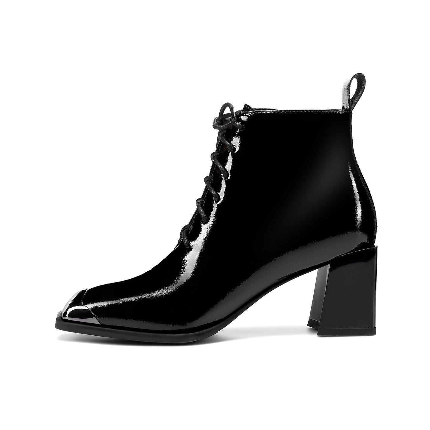 Nine Seven Women's Handmade Patent Leather Classic Square Toe Mid Block Heel Side Zip Lace Up Stylish Ankle Boots