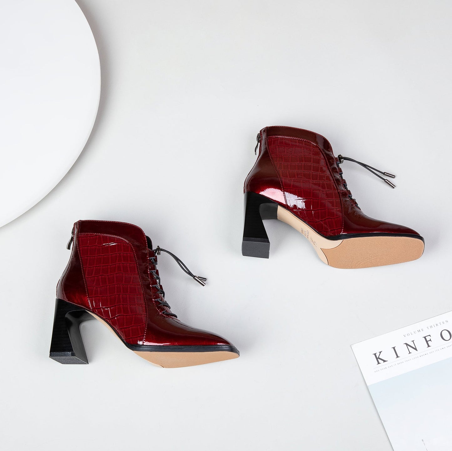 Nine Seven Women's Handmade Patent Leather Classic Square Toe High Spool Heel Back Zip Up Short Dressing Boots with Band