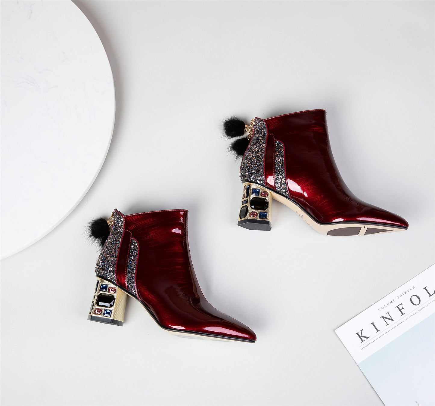 Nine Seven Women's Patent Leather Handmade Crystal Mid Chunky Heel Back Zipper Pointed Toe Plus-Size Ankle Boots With Glitter and Fur Pendant